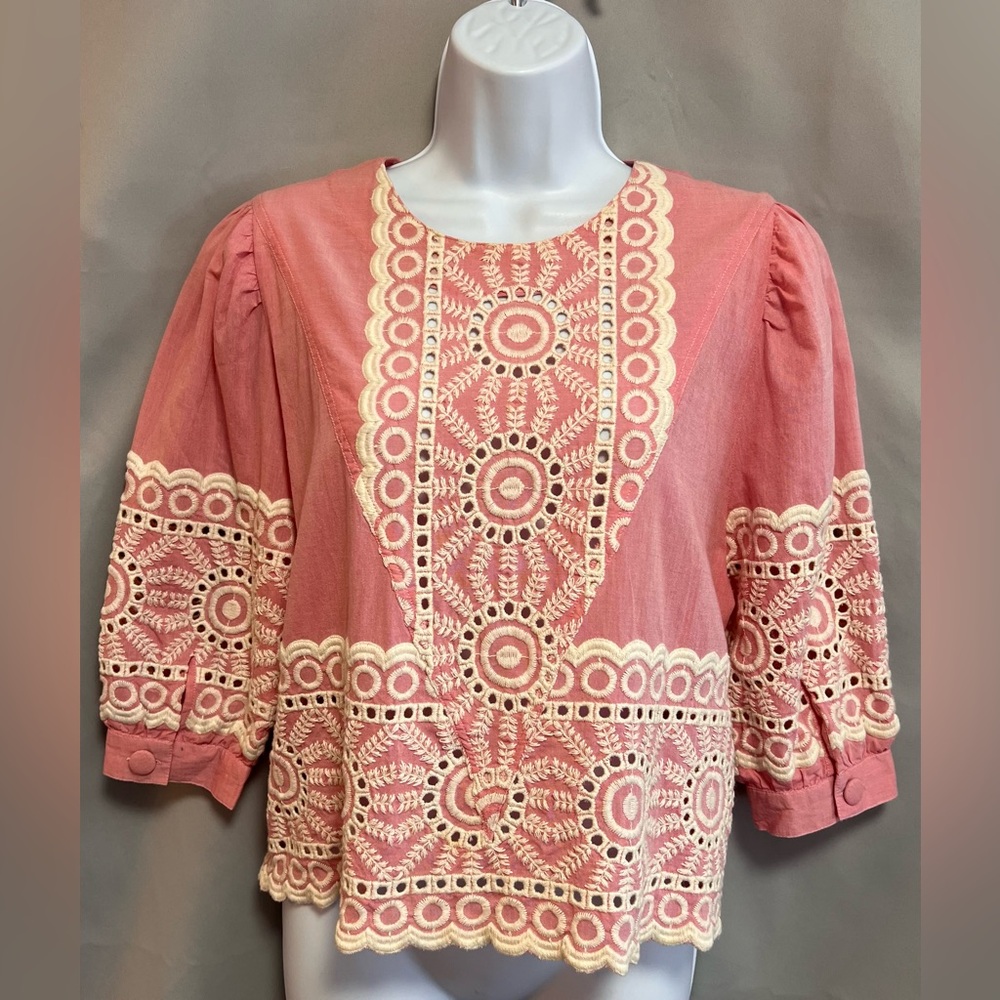 Renata Gasparian Top Blouse Coquette‎ Puff Sleeve Pink Beige Medium Embroidered